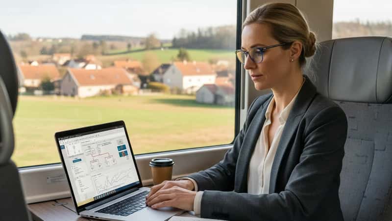 Svensk projektledare i 30-årsåldern arbetar på tåget mellan Linköping och Göteborg med laptop, professionellt tåg-interiör, dagsljus