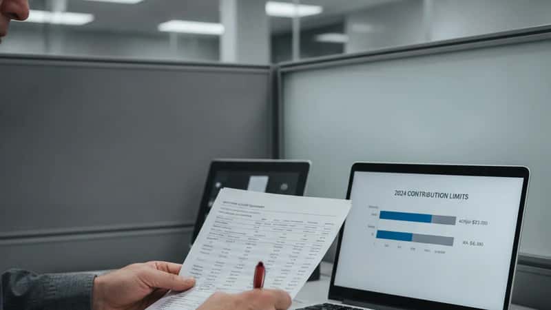 A 60-something American man highlights key retirement account figures with a pen in a Chicago financial office, planning his 401(k) super catch-up contributions