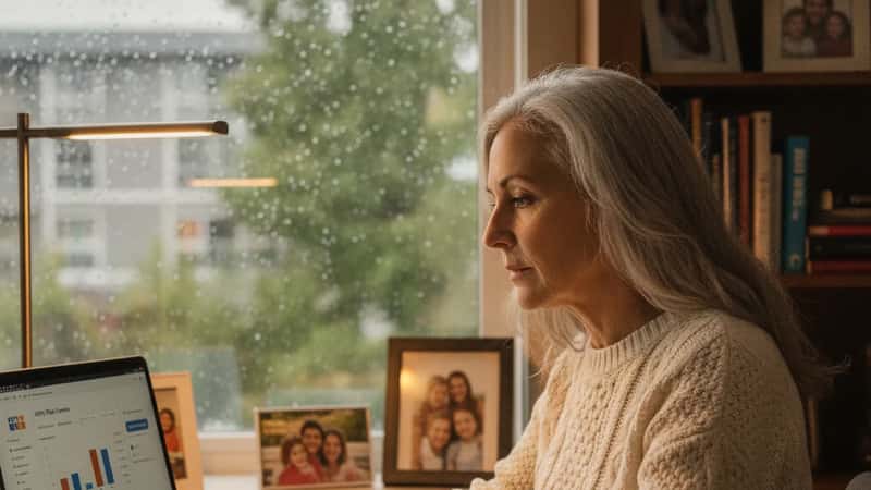 A 63-year-old American woman reviews her 401(k) contribution portal on a laptop at her home office in Seattle, adjusting her year-end savings election before the December deadline