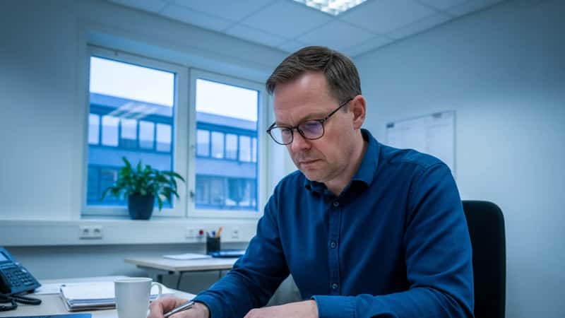Tillitsvalgt gjennomgår oppsigelsesdokument i Sandnes statlig kontor