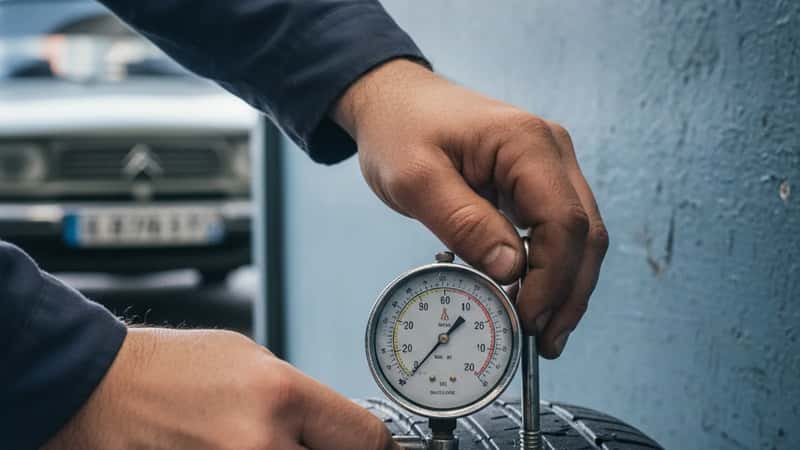 Mécanicien français examinant le moteur d'une Peugeot 308 dans un garage indépendant à Lyon
