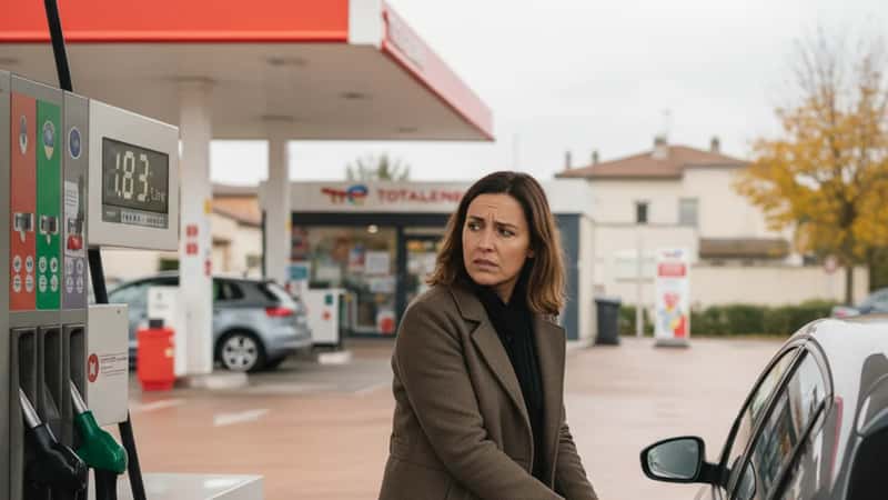 Automobiliste française devant une pompe à essence à 1,83 €/L dans une station-service près de Bordeaux