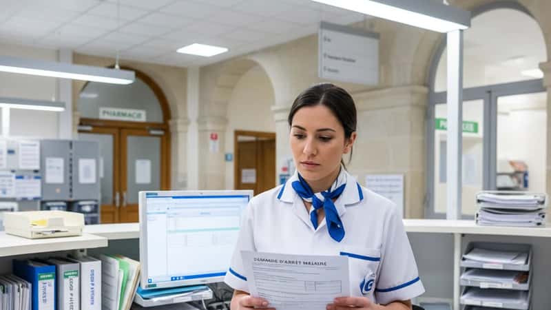 Nurse at a New York hospital nursing station holding a sick day request form, fluorescent hospital lighting, medical charts in background