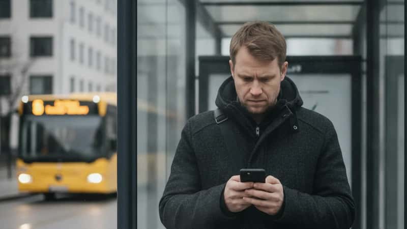 Pendlare i Malmö vid busshållplats studerar resealternativ på sin telefon efter att ha läst om miljözonens regler