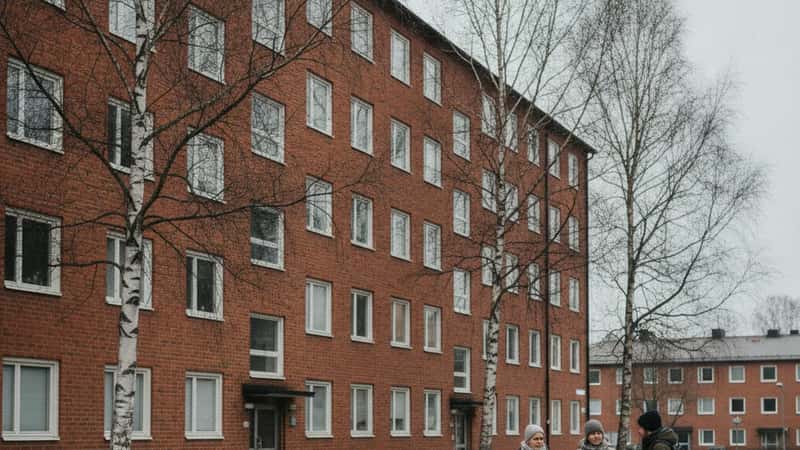 Typiskt svenskt bostadshus från 1970-talet i Uppsala med röda tegelfasader och björkar längs gångvägen