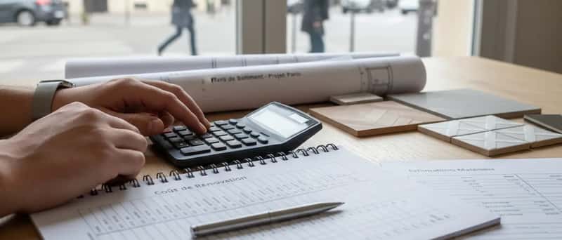Documents de coûts de rénovation et calculatrice sur une table en bois avec des plans de construction