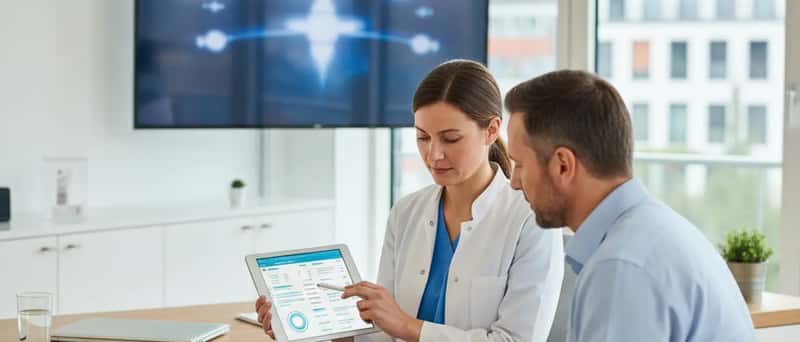 Ärztin bespricht Blutwerte auf einem Tablet mit einer Patientin in einer modernen Arztpraxis