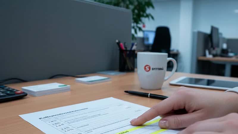 Tampereen vähittäiskaupan HR-toimistossa nainen käy läpi palkkasopimuksen taulukoita, kädet osoittavat sopimustekstiä