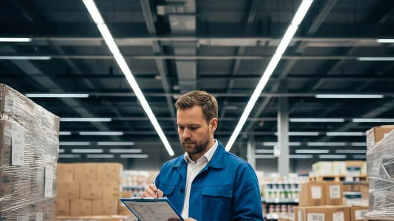 Tampereen supermarketin varastoalueella suomalainen HR-koordinaattori tarkistaa työvuorolistaa leikkuulaudan vieressä olevien lavojen välissä