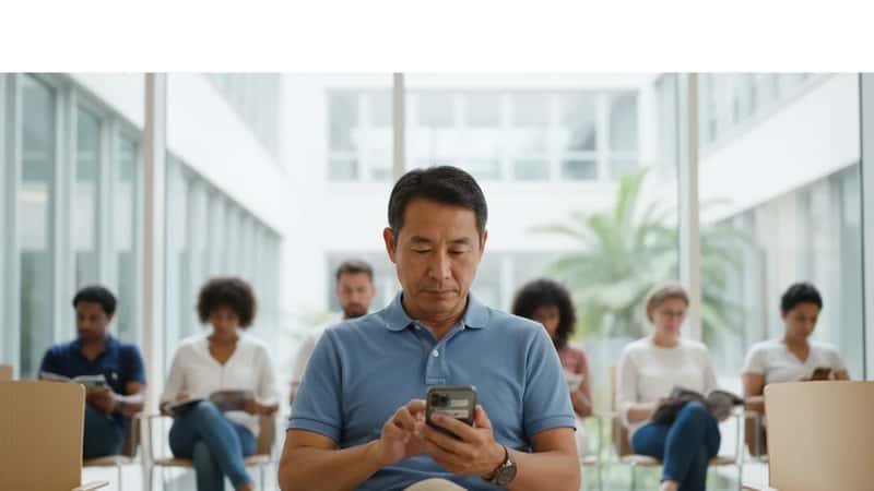 Worker in a Honolulu hospital waiting room using sick leave rights to attend a medical appointment, managing health with legal protections