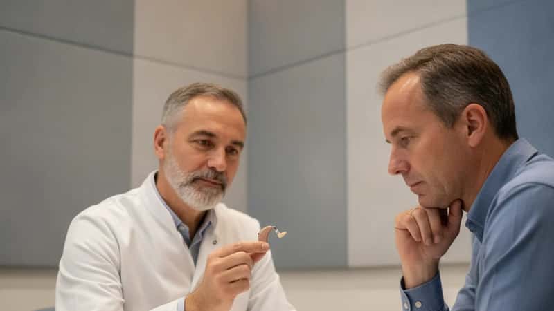 Audioprothésiste présentant un appareil auditif numérique à un patient lors d'une consultation à Toulouse