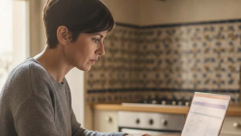 Femme française consultant sa mutuelle santé et ses documents de remboursement sur ordinateur, à Marseille
