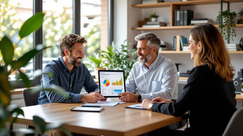 Conseiller en gestion de patrimoine expliquant un graphique sur une tablette à un client dans son bureau