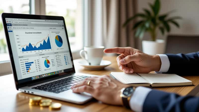 Mains pointant un graphique de portefeuille diversifié sur un écran d'ordinateur portable avec des pièces d'or