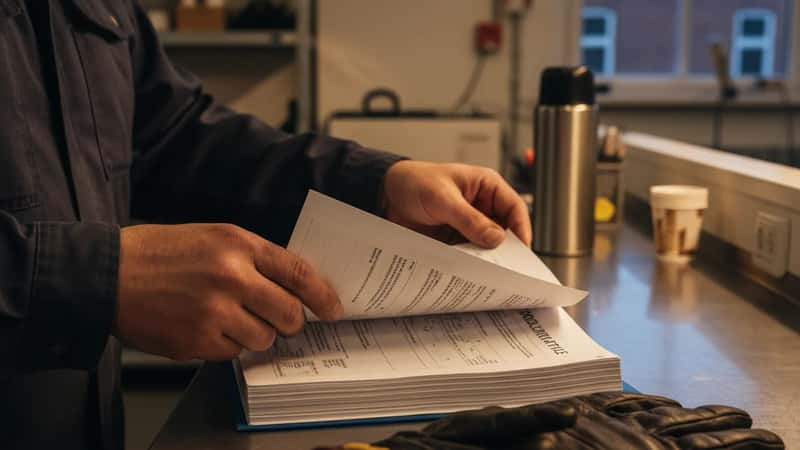 En dansk industrimedarbejder gennemgår sider i en overenskomstmappe ved et pausebord i en fabrik i Aarhus