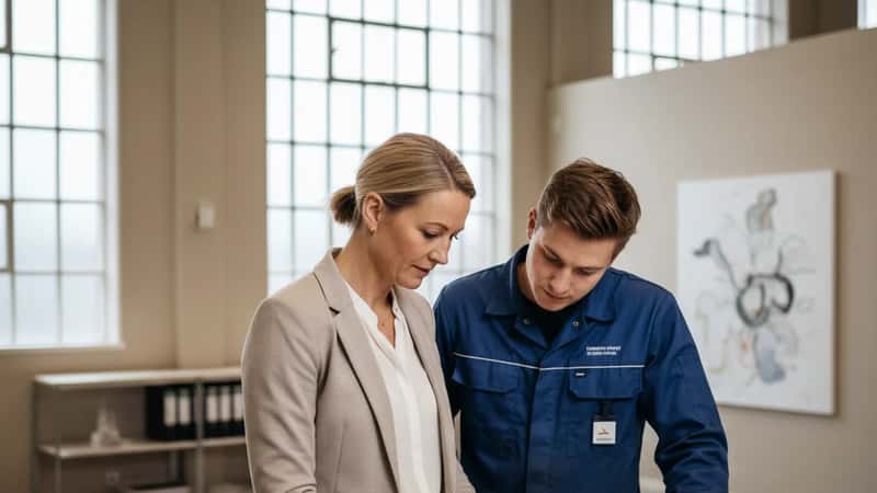 En dansk HR-chef i Horsens forklarer lønvilkår til en fabriksmedarbejder ved et skrivebordet i et industrikontor