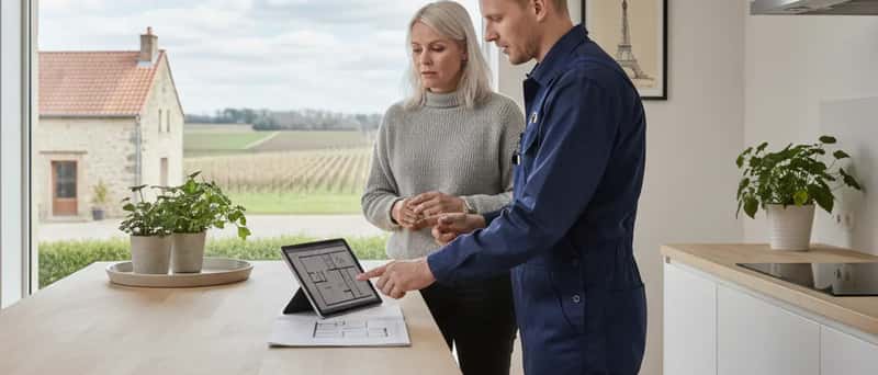 Sähkömies neuvoo suomalaista asukasta keittiössä tablettia näyttäen