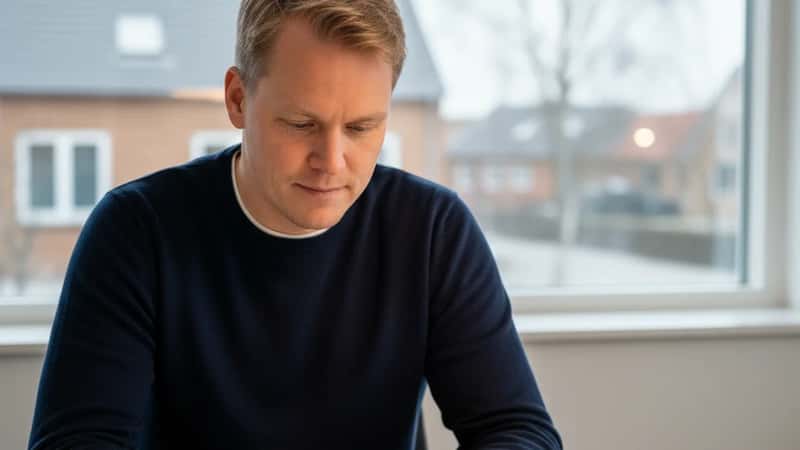 Dansk mand tjekker pensionsopgørelse på smartphone i et Vejle-kontor med pensionsudskrift ved siden af