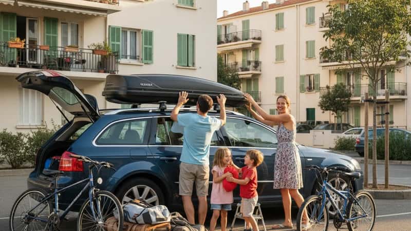 Famille française chargeant un coffre de toit sur un break dans un parking résidentiel à Marseille