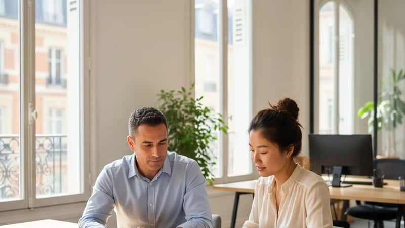 HR manager and employee reviewing an employment handbook across a conference table in a Brooklyn office with natural daylight