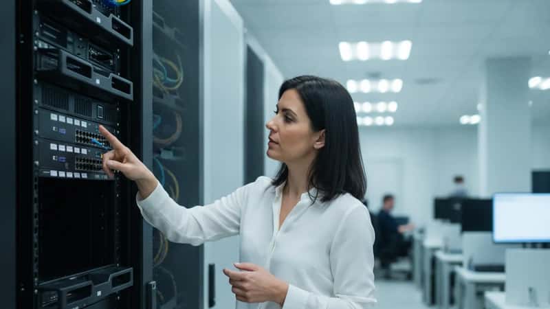 IT security professional reviewing network server configuration during a Cyber Essentials Plus audit in a Manchester IT office