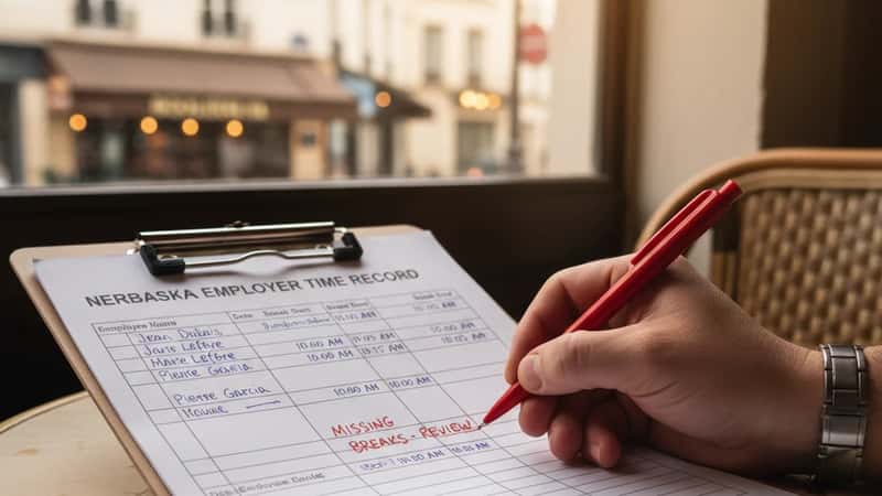 Nebraska employer time record sheet showing hand-written break attestation entries being corrected after DOL audit