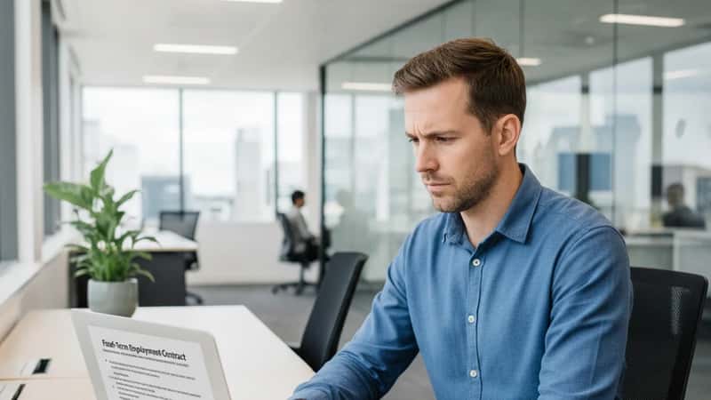 An Anglo-Australian man in business casual attire reviewing a fixed-term contract on a laptop at a modern Brisbane open-plan office, midday light, thoughtful expression