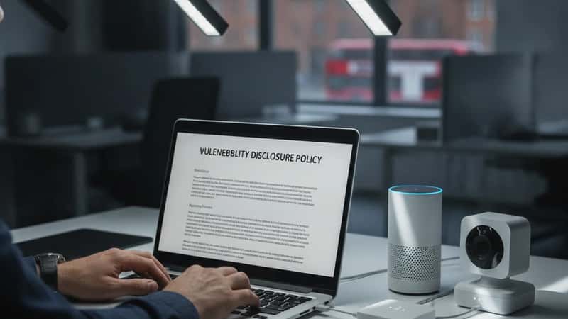 UK compliance professional reviewing vulnerability disclosure policy on a laptop in a Birmingham office, smart devices arranged on desk