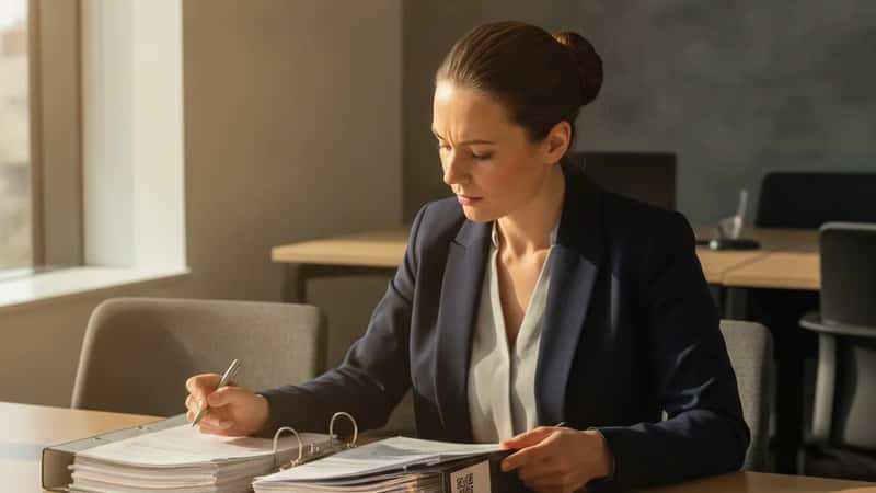 British supply chain compliance manager reviewing connected product documentation folders in a Bristol office, natural window light