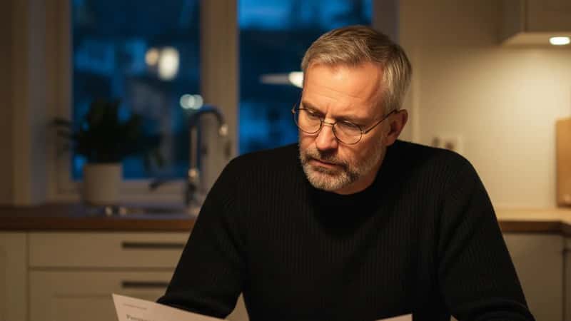 Mann i Oslo sammenligner pensjonsoppgaver fra statlig og privat ordning ved kjøkkenbordet om kvelden