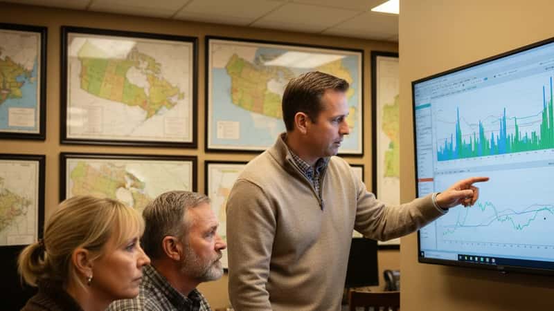 Conseiller agricole présentant des données de prix des grains à un couple d'agriculteurs dans un bureau coopératif du Manitoba