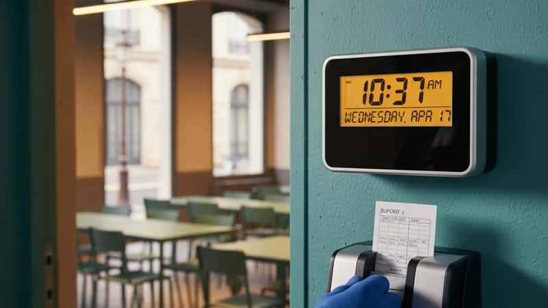 Employee time clock terminal at Delaware manufacturing facility break room entrance showing punch-in time