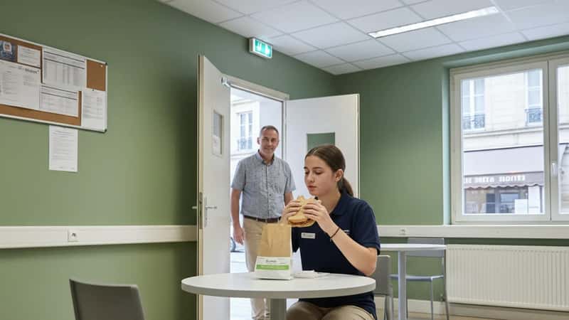 Delaware retail worker taking supervised break in store break room with manager visible in doorway