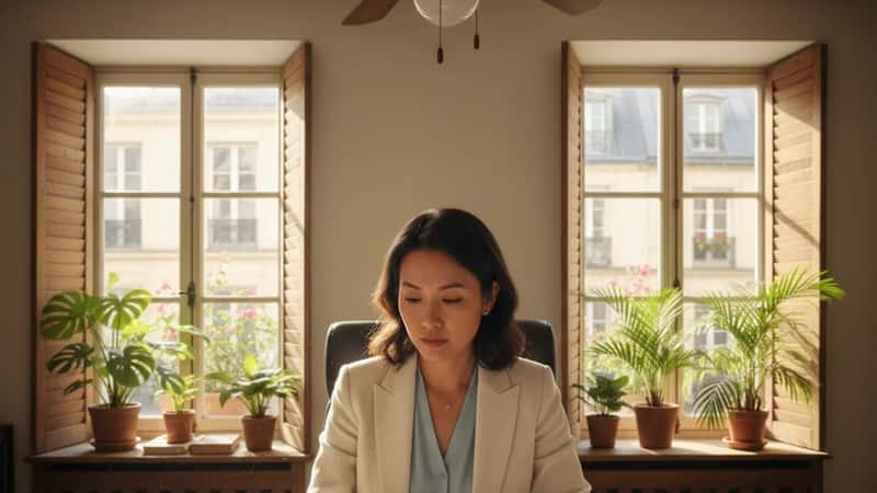 Hawaii employment lawyer annotating leave law documents in a Honolulu home office, reviewing Hawaii TDI and PHCA statutes at a desk with louvered windows and tropical greenery outside