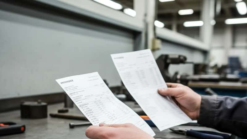 Norsk industrimekaniker sammenligner lønnsslipp med tariffavtalens satser på verkstedsbenk i Stavanger