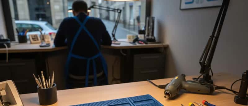 Atelier de réparation de téléphone portable avec outils de précision et composants sur un plan de travail éclairé