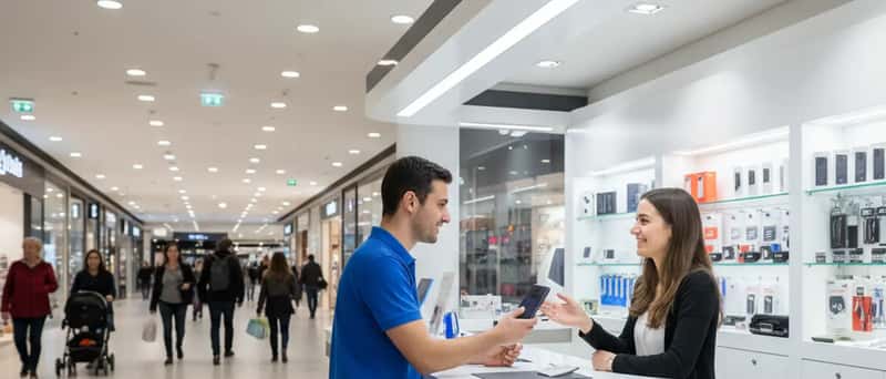 Technicien en enseigne de réparation remettant un smartphone réparé à un client dans un centre commercial