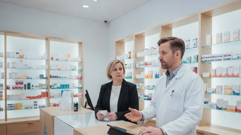Turkulainen apteekkari selittää asiakkaalle lääkitystietoja apteekissa, ammattimaisessa pohjoismaisessa apteekissa