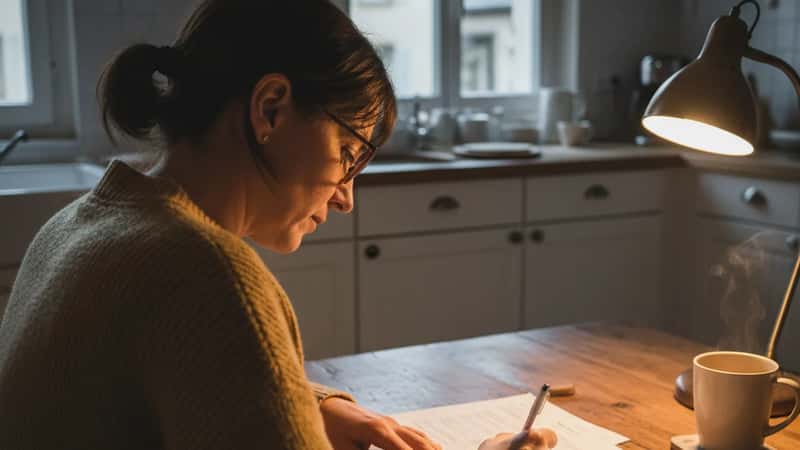 Femme remplissant son dossier RQTH à domicile, formulaire Cerfa et documents administratifs sur la table