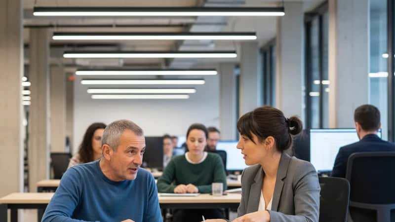 Homme en fauteuil roulant consultant un conseiller Cap emploi dans un bureau ouvert à Nantes