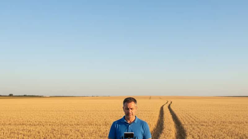 Engenheiro agrónomo português a operar drone de precisão em frente a campos de cereal dourado no Alentejo, céu azul limpo