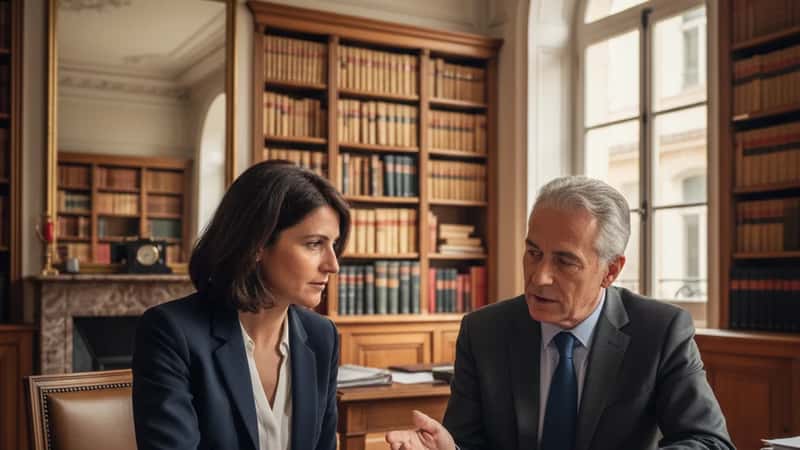 Avocate et cliente en consultation dans un cabinet notarial à Lyon, documents de prêt familial posés sur le bureau en acajou