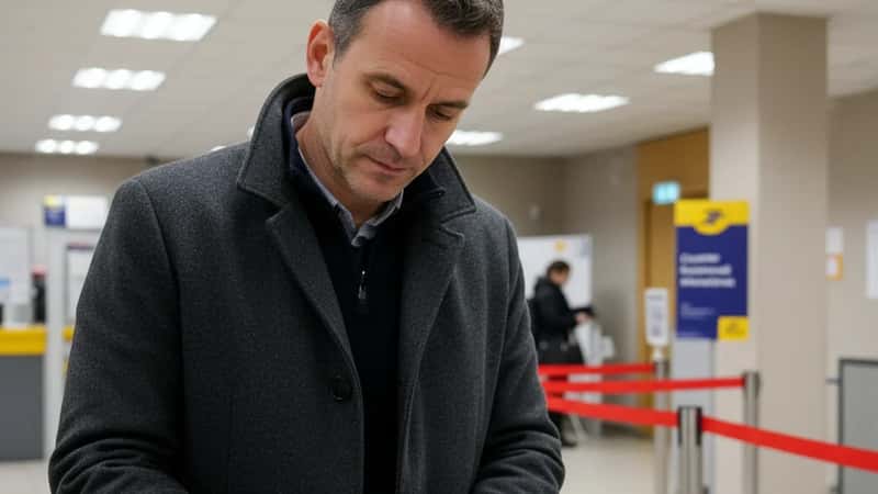 Homme en manteau gris déposant un pli recommandé au guichet d'un bureau de poste à Strasbourg, formulaire de suivi en main