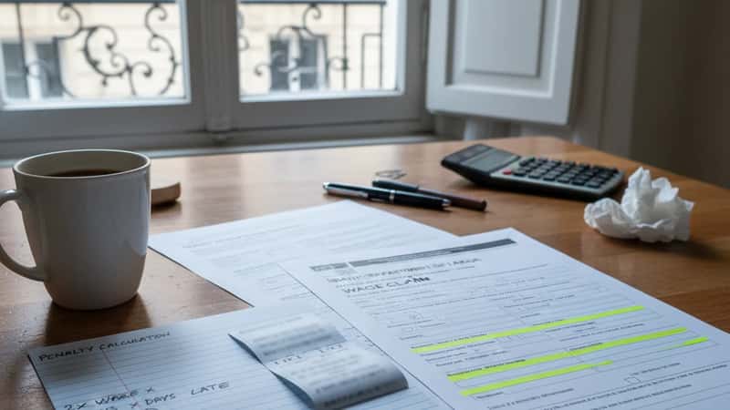 Idaho worker building a wage claim case with IDOL forms and penalty calculations at a kitchen table in Nampa, cold morning light