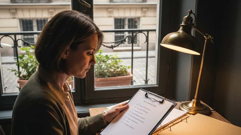 HR manager in Meridian Idaho small business office reviewing final paycheck compliance checklist with calculator, warm desk lamp