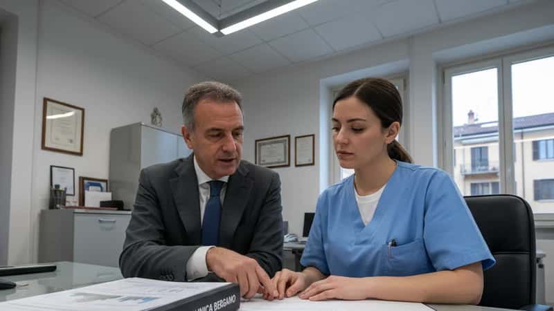 Responsabile HR spiega il fondo pensione a un'infermiera in una clinica di Bergamo