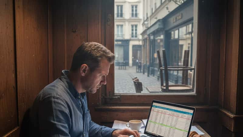 Portsmouth New Hampshire restaurant owner reviewing payroll spreadsheets on laptop late at night after a compliance warning