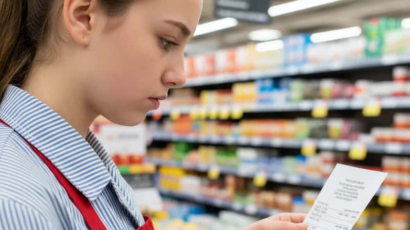 New Hampshire teenage grocery cashier in Concord reading her first paycheck carefully in store uniform under fluorescent lighting