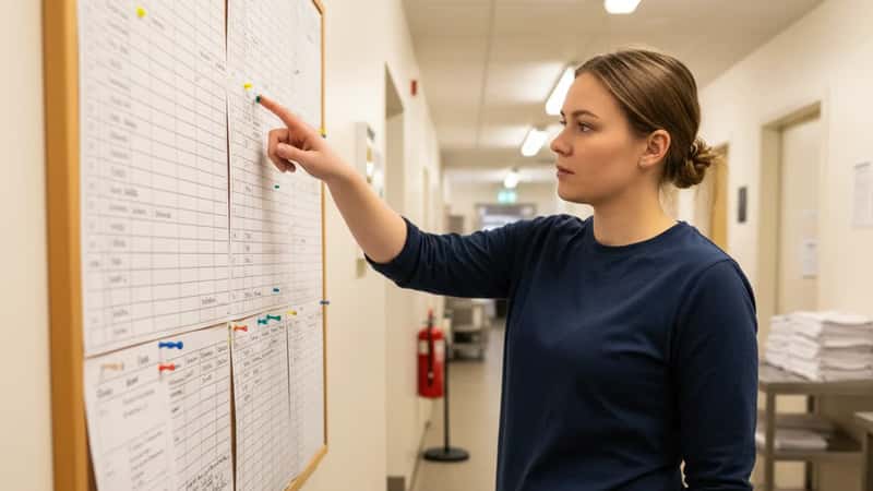 Oululainen ravintolatyontekija tarkistaa tyovuorolistan henkilokunnan kaytavalla ennen vuoronsa alkua