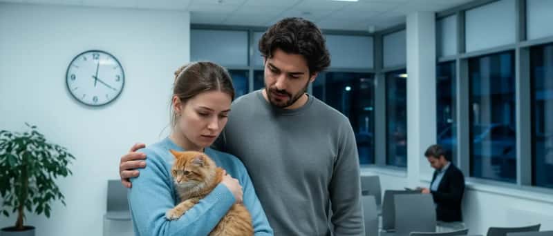 Casal preocupado segurando um gato na sala de espera de urgências veterinárias durante a noite